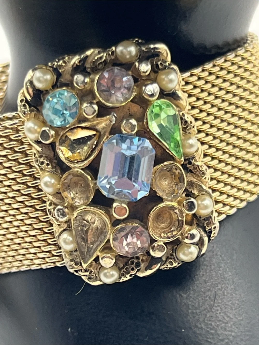 Victorian Revival gold tone mesh tassel slider adjustable rhinestone bracelet